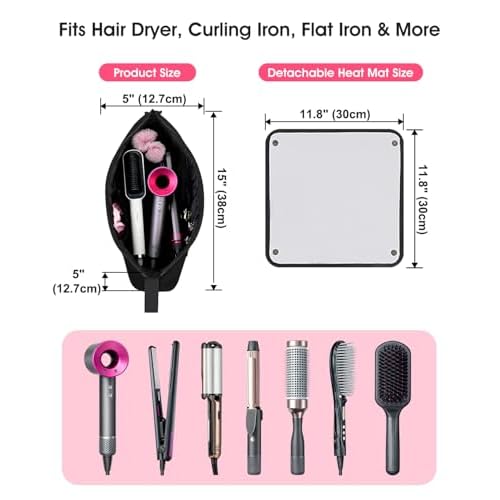 Hair Tools Travel Bag with Heat-Resistant Mat, Large Capacity Organizer for Curling Iron, Flat Iron, Blow Dryer & Hair Accessories, Portable Travel Case for Styling Tools (Midnight)