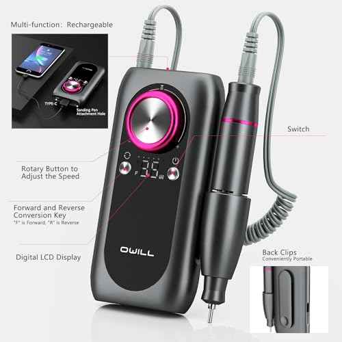 OWill Electric Nail Drill Professional, 35000RPM Rechargeable Machine With LED Display, Portable Electric File for Salon Home Kits, Pink