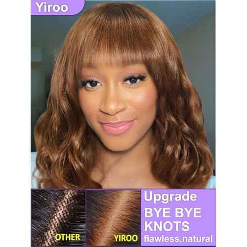 YIROO Bob Wig Human Hair with Bangs,Chestnut Chocolate Brown Highlight Loose Body Wave 4x2 HD Lace Closure Glueless Wig Human Hair Pre Plucked Wear and Go Short Bob Wig for Women 150% Density 12Inch