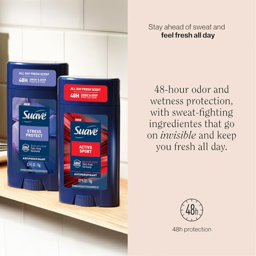 Suave Antiperspirant Deodorant for Men Variety 4-Pack ? Active Sport, Bergamot & Wood + Stress Protect, Lavender & Cedarwood, 48H Sweat & Odor Protection, 2.7 Oz Ea