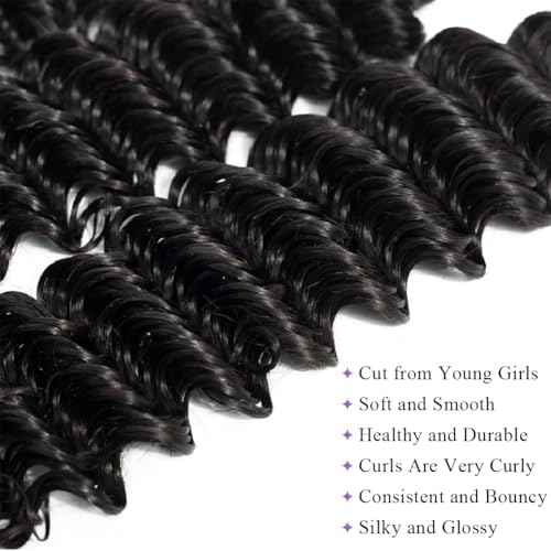 Deep Wave Human Hair Bundles 12A Brazilian Virgin Human Hair Bundles 18 20 22 Inch Wet and Wavy Curly Bundles Human Hair Extensions for Black Women Natural Black Color
