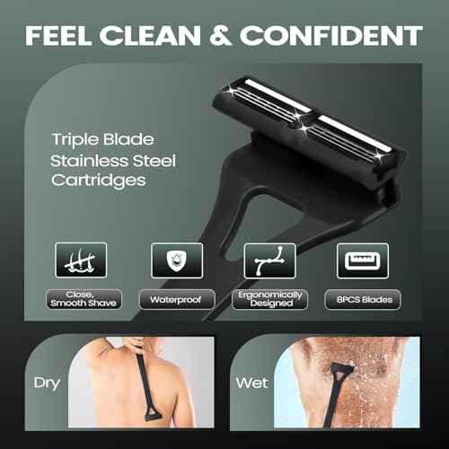 Back Shavers for Men with Foldable Long Ergonomic Handle: DIY Hair Shaver, Replaceable Safety Blade & Portable Razor Groomer for Men, Wet & Dry Shaving,Black (8PCS Blades Included)