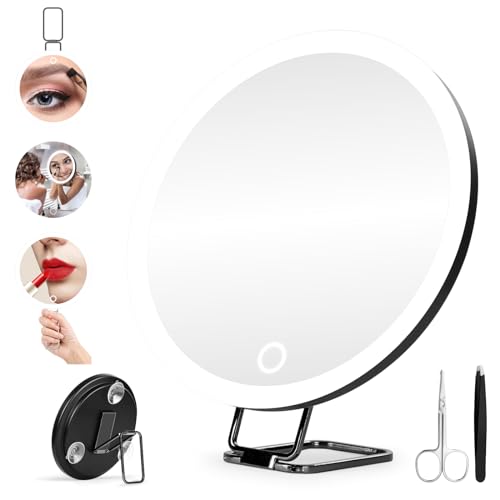 5X Magnifying Mirror with Light, 5X Makeup Magnifying Mirror, 6'' LED Magnifying Mirror Large Lighted Makeup Magnification Mirror with Adjustable Stand & Suction Cups, Compact Travel Magnifying Mirror