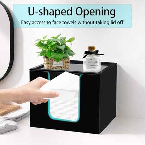 Disposable Face Towel Holder, Acrylic Facial Towels Storage Box Organizer Container for Clean Towels XL, Black Bathroom Organization Home Decor