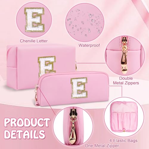 2 Pcs Small Personalized Initial Makeup Bag Cosmetic Pouch, Pink Cosmetic Travel Toiletry Bag Makeup Brushes Organizer, Waterproof Makeup Storage Travel Essentials Christmas Gifts for Women(Letter E)