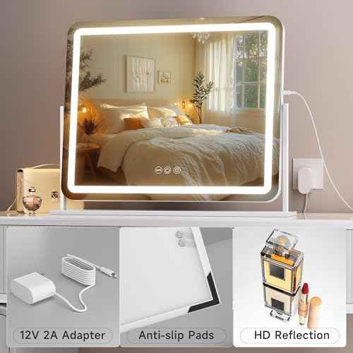 Hasipu Vanity Mirror with Lights, 22" x 18" LED Makeup Mirror, Light up Mirror with Smart Touch 3 Colors Dimmable, Brightness Adjustment, 360¡Æ Rotation (White)