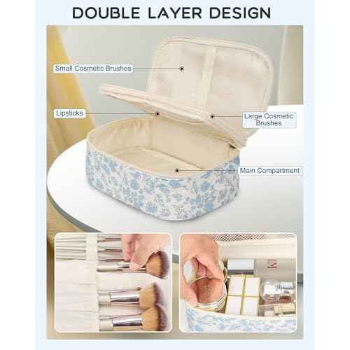 Relavel Travel Makeup Bag, Small Floral Cosmetic Bag with Makeup Brush Compartment, Portable Makeup Pouch for Women, Double Layer Makeup Organizer Bag Cute Toiletry Bag