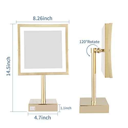 DOWRY Tabletop LED Lighted 5X Magnifying Makeup Mirror Square with Plug 8 Inch Polished Gold Finished