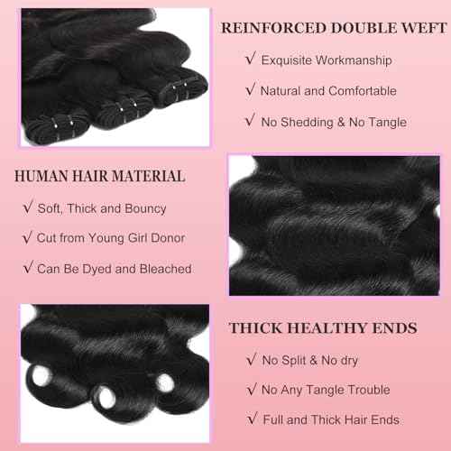 12A Human Hair Bundles 3 Bundles with Closure 14 16 18+12 Inch Body Wave Bundle Human Hair with 5x5 Closure 100% Brazilian Virgin Quick Weave Natural