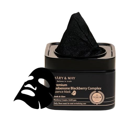 Mary&May Premium Idebenone Blackberry Complex Essence Mask - Quick Dispenser Type Anti Aging Korean Face Mask Sheet - Vitamin C, Panthenol, and Ceramide for Moisturizing and Radiant Skin, 20 Sheets