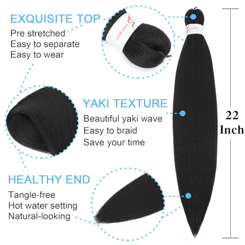 Braiding Hair Pre Stretched 22 Inch 8 Pack Long Professional Pre Stretched Hair For Braiding Soft Yaki Texture Hot Water Setting Synthetic Crochet Braids For Women Girls(22Inch,1B)