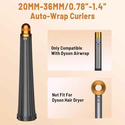Hair Long Conical Barrel for Dyson Airwrap, 0.78-1.4Inch/ 20-36mm Conical Long Curling Barrels Compatible with Airwrap HS01/05, Self-Curling Hair Roller Curlers Attachment, Gold