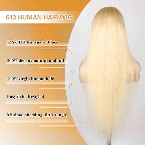 613 Lace Front Wig Human Hair 200 Density 613 13x6 Straight Lace Front Wigs Blonde Human Hair Wig Pre plucked for Women 613 HD Lace Frontal Wig 13x6 (24 Inch, 613 Wig)