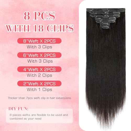 S-noilite Clip in Hair Extensions Human Hair, Natural Black Remy Hair Extensions Double Weft Silky Straight 10 Inch Short Black Human Hair Extensions Clip ins for Women 110grams 8pcs(#1B)
