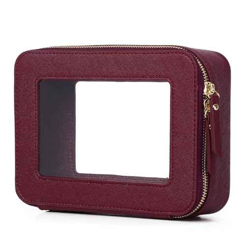Pinkmik Clear Makeup Bag for Women Waterproof Travel Cosmetics and Toiletries Case Portable Makeup Oaganizer Bag Clear Car Bag with Zipper (X/Burgundy, M)