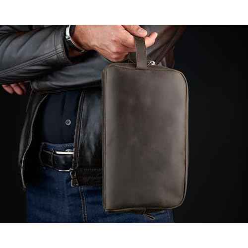 Awesometik Mens Travel Bag Toiletries Organizer Case for Grooming, Toiletry Bag for Men, Travel Essentials Shaving Dopp Kit, Geniune Leather Water Resistant Cosmetic Bag Pouch (Dark Brown)