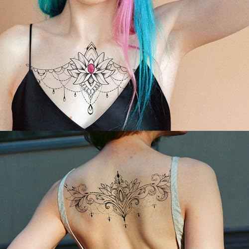 GLARYYEARS Underboob Chest Temporary Tattoos for Women Girls, 6-pack Black Fake Realistic Large Long Lasting Creative Removable Tattoo Stickers, Sexy Floral Leaf Jewelry Tramp Stamp Sketch on Body