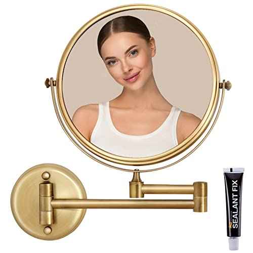 8 Inch Brass Bathroom Magnifying Mirror Wall Mounted 5X, 360 Swivel Extendable Arm Cosmetic Mirror, Home Bathroom Shaving Vanity Mirror, Brushed Antique Brass