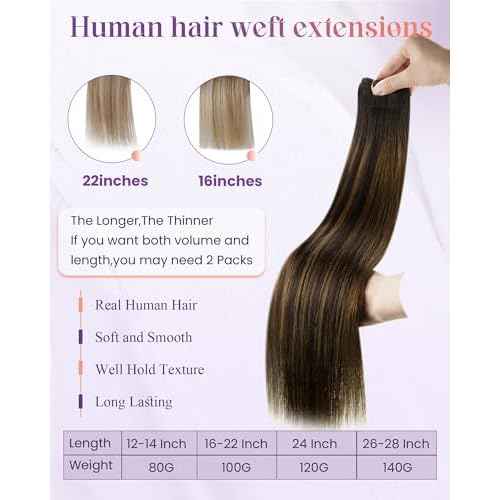 LaaVoo Sew in Hair Extensions Human Hair Balayage Brown Weft Hair Extensions Sew in Doble Weft Extensions Dark Brown Ombre Light Brown 22 Inch 100g