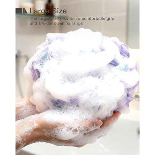 Large Bath Sponge Pouf 70g, 6.3 Inch Exfoliating Shower Loofah, Soft Durable PE Mesh with Reinforced Knotting, Rich Lather Body Wash Scrubber, 4-Pack Elegant Colors Gift Set£¨B-4Pcak£©