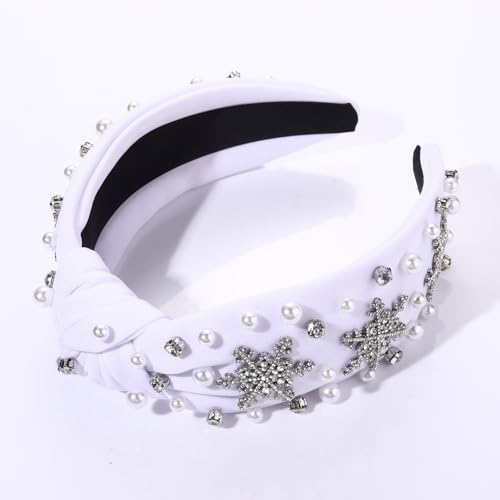 NVENF Christmas Headband for Women Jeweled Crystal Snowflake Headband Pearl Wide Top Knot Winter Holiday Headband Christmas Hair Accessories Holiday Outfits Gifts (Snowflake White 2)