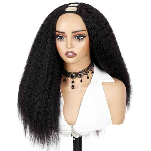 WIGER Kinky Straight U Part Wigs Human Hair Half Wig Natural Color Glueless Thin Leave Out Curly Hair 200% Density 18 Inch kinky Curly Clip in Wigs for Black Women Wear And Go Wig