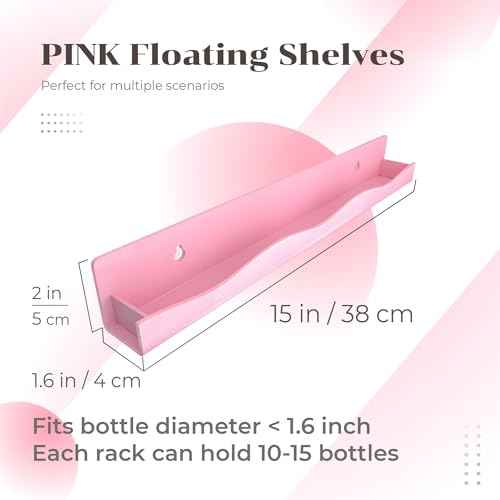 YMVV 6 Pack Nail Polish Wall Mounted Shelf,15 Inch Nail Polish Floating Shelves for 66-90 Bottles Multi-Purpose,Ideal Gift, Great Display for Salons Retailers,Pink