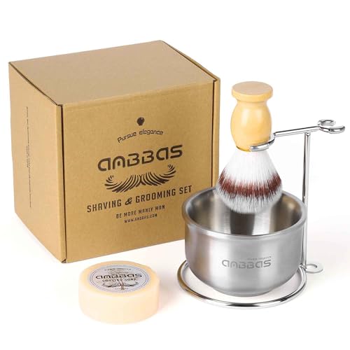 Anbbas Faux Badger Shaving Brush,Stainless Steel Shaving Razor and Brush Stand, Shaving Bowl and 100g Natural Soap Puck Refill,4in1 Wet Shave Kit for Men