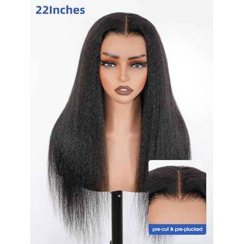 ORIGINAL QUEEN Kinky Straight Wig Wear and Go Glueless Wig Human Hair Pre Cut Pre Plucked 5X7 Large Lace Front Wigs Human Hair for Women 3D Dome Cap Beginner Friendly 16Inches