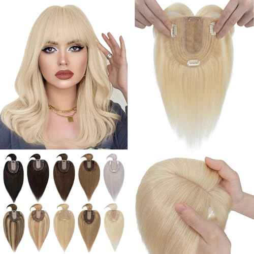 SEGO Hair Toppers for Women With Bangs Real Human Hair, 130% Density 10 * 12CM Silk Base Clip in Top Wiglet Hairpieces for Thinning Hair-12 Inch 60 Platinum Blonde