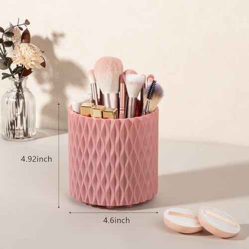 Anyoifax Makeup Brush Holder Organizer 361¡ÆRotating Make Up Brushes Container for Vanity, Spinning Cosmetics Storage Cup, Ripple Pink