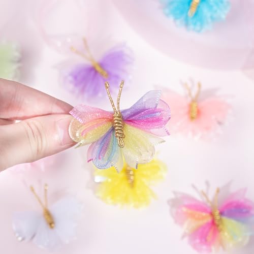 Oaoleer 16PCS Mini Butterfly Hair Clips, 2" Tulle Mesh Hair Bow Pins Colorful Butterfly Hair Barrettes Wedding Hair Accessories for Baby Girls