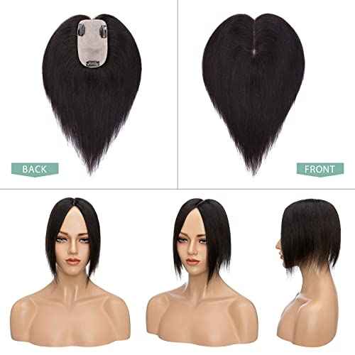 Hairro Human Hair Toppers for Women, Clip in Real Hairpieces, 130% Density 3"x5" Silk Base with Free Parting, for Covering Greyish Thinning Hair Loss/Adding Volume, 8 Inch Natural Black