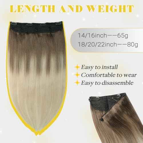 Wire Hair Extensions,Invisible Wire Hair Extensions Short Ash Brown to Platinum Blonde Hair Extensions Real Human Hair 16inch Straight Fish Line Hair Extensions70g(#8T/60-16inch)