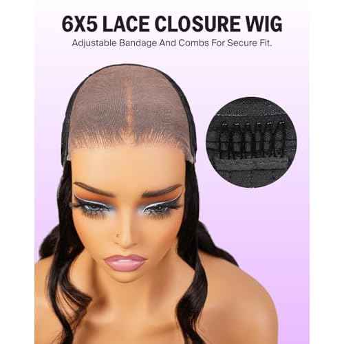 6x5 Glueless Wigs Human Hair Pre Plucked Pre Cut 210% Density for Women Drawstring Wig Human Hair with Baby Hair Wear and Go Body Wave Wig Pre Plucked with Natural Hairline(20 Inch)