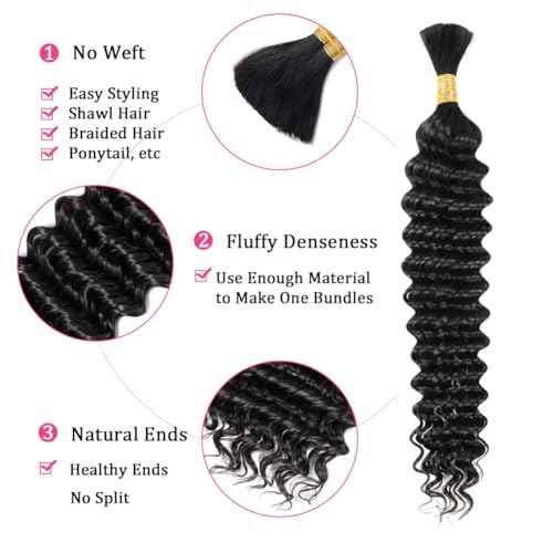 Human Braiding Hair 2 Bundles 100g 28Inch Deep Wave Bulk Human Hair for Braiding No Weft Curly Braiding Hair Bulk Curly Human Hair for Boho Braids 12A Brazilian Virgin Hair Extensions Natural Color