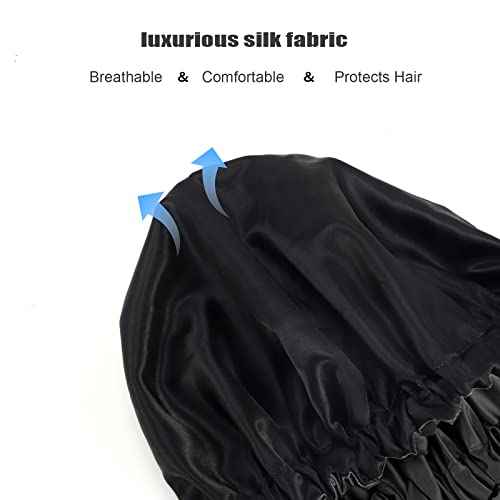 Shower Caps, Silk Lined Shower Cap for Women,Reusable,Adjustable Size, Washable & Waterproof,Large Satin Shower Cap-Black