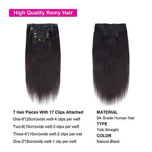 Lovrio 9A Yaki Straight Clip in Human Hair Extensions Double Weft Straight Clip in Hair Extensions Human Hair for Black Women 16 Inch Natural Black Yaki Clip ins Hair 120 Grams 7 Pieces With 17 Clips