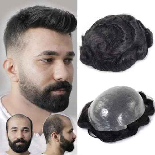 blazingfire Amiable Soft Man Human Hair Replacement System Ultra Pu Thin Skin Toupee Hair Piece for Men Male Hairpiece Wigs 8x10 Inch #1B Off Black