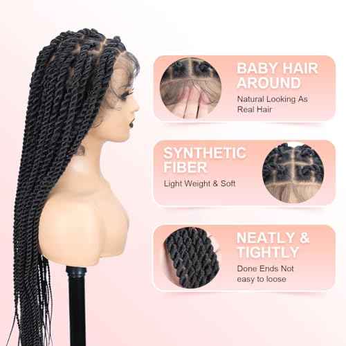 Senegal Twist Wigs, 36 "360¡Æ HD Full Single-layer Lace Two Braid Wigs for Black Women Square Knotless 2 Braid Wig with Baby Hair Handmade Synthetic Hair Blended Lace Front Wig Natural Black