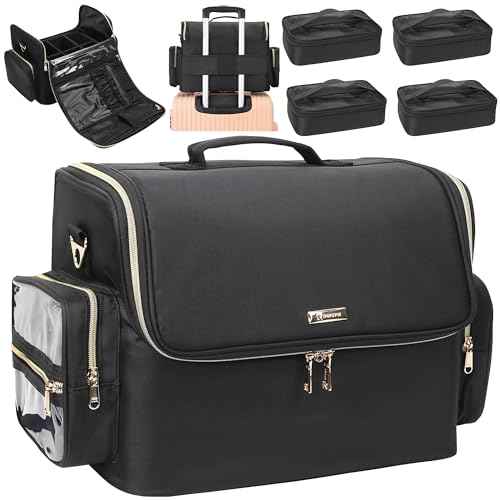 Extra Large Makeup Bag Makeup Artist Bag Professional Cosmetic Bag Travel Organizer Train Case with 4 Small Packet and Adjustable Dividers(Black, Extra Large)