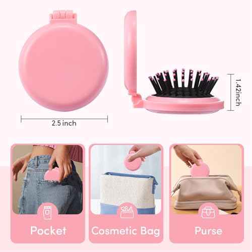 9 Pack Mini Hair Brush Foldable Travel Hair Brushes with Mirror Round Portable Folding Pocket Hair Brush Mini Comb Compact Travel Size Massage Comb for Men Women