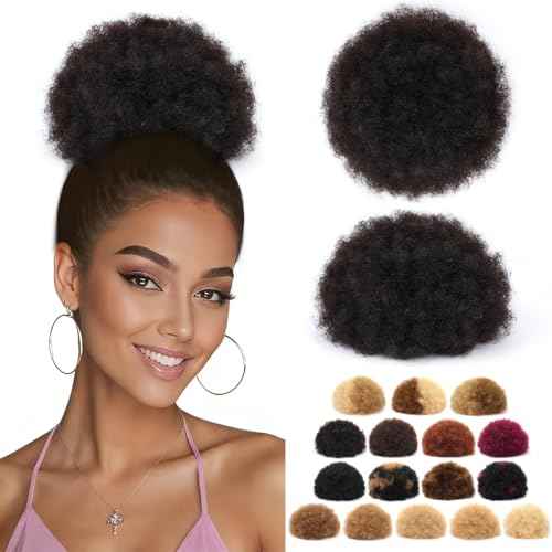 Afro Puff Drawstring Ponytail for Black Women #1B Natural Black Brazilian Virgin Human Hair 6 Inch Durable Natural Soft and Smooth Kinky Curly Short Ponytail for Natural Hair