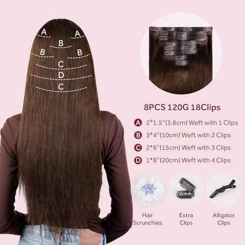 Clip in Hair Extensions Real Human Hair Chocolate Brown Seamless Clip In 100% Straight Remy Hair Extensions PU Skin Weft Add Volume for Women #4A 18Inch 120G 8PCS