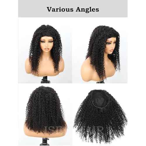 ISEE Half Wig Human Hair Glueless Wigs Upgrade 3 IN 1 Half Wig With Drawstring Seamless Clip Ins Flip Over Kinky Curly Human Hair No Glue No Lace For Women 180% Density 16 Inch