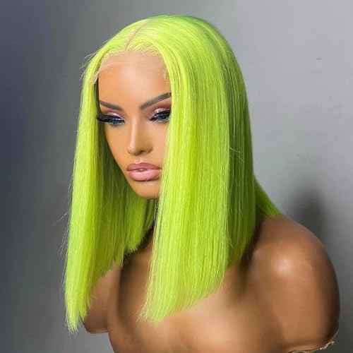 Green 13x4 Bob Straight Lace Front Wigs Human Hair 180 Density UHD Transparent Lace Front Wigs Human Hair Pre Plucked Pre Cut Lace Glueless Wig Virgin Colored HumanHair Wigs For Women 14Inch