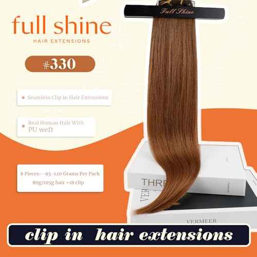 Full Shine Clip in Hair Extensions Copper Brown Human Hair 18 Inch Clip in Real Hair PU Weft Copper Red Human Hair Clip ins Extensions Auburn Brown Natural Ends 120 Grams 8 PCS