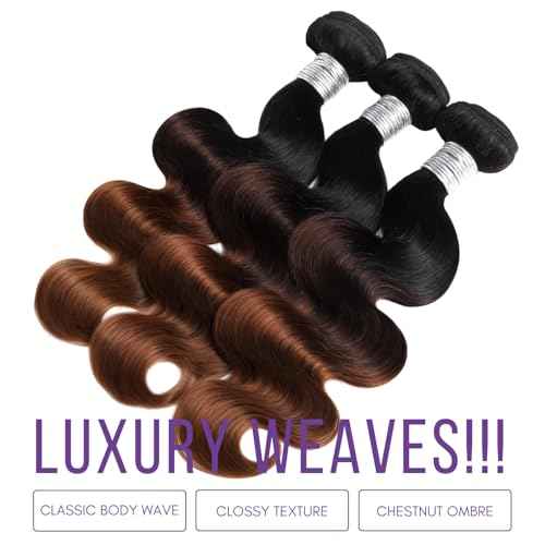 Chestnut Ombre Bundles With 13x4 Hd Lace Frontal Human Hair Body Wave, 12A Dark Brown 3 Bundles Human Hair And Frontal Ear To Ear Free Part #T1B/2/30 3 Tones Colored Sew In Extension 10 12 14+10