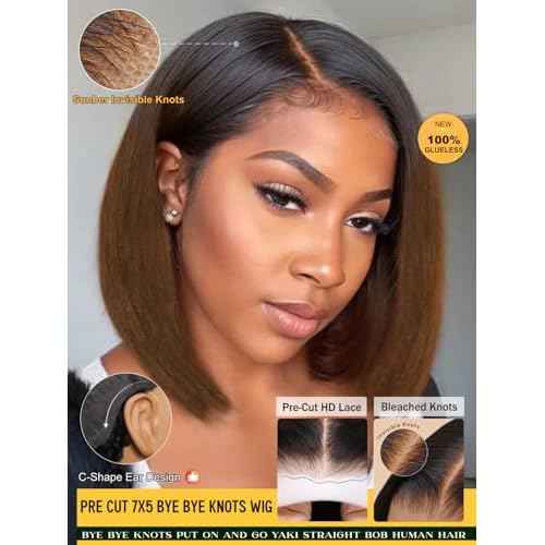 Sunber Ombre Chestnut Brown Light Yaki Straight Bob Human Hair Wigs Bye Bye Knots Pre Cut 7x5 HD Lace Front Lace Put On and Go 3s Wear Glueless Brown Yaki Bob Wig Pre Bleached Invisible Knots 12Inch