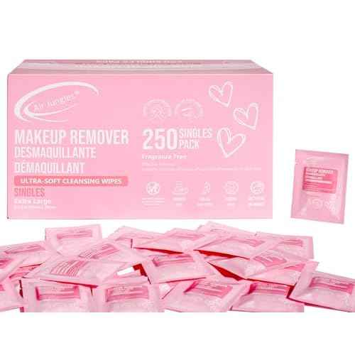 Air Jungles 250 Count Individual Makeup Remover Wipes, Bulk Size Individually Wrapped, Extra Large Facial Towelettes For All Skin Type, Fragrance-Free, Hotel Travel Size Toiletries